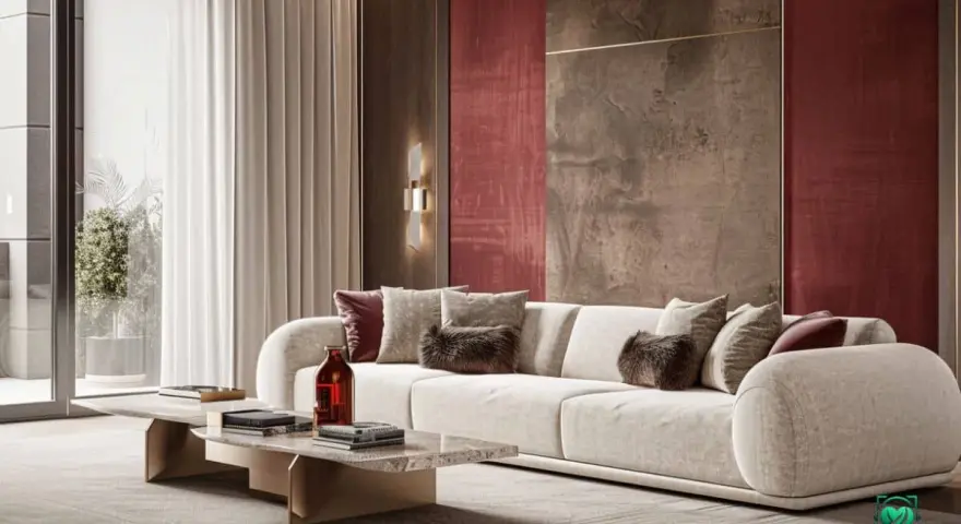 Luxuriöses Wohnzimmer mit einem cremefarbenen Sofa, das mit Kissen in verschiedenen Texturen und der Akzentfarbe bordeaux dekoriert ist. Die Wand hinter dem Sofa ist in einem tiefen Rotton gehalten.