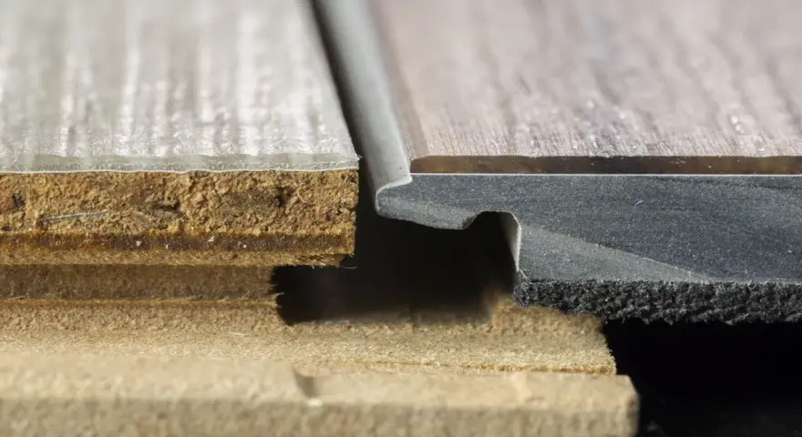 Detailaufnahme von Vinylboden-Schichten. Die sichtbaren Nachteile von Vinylboden zeigen sich in der Struktur.