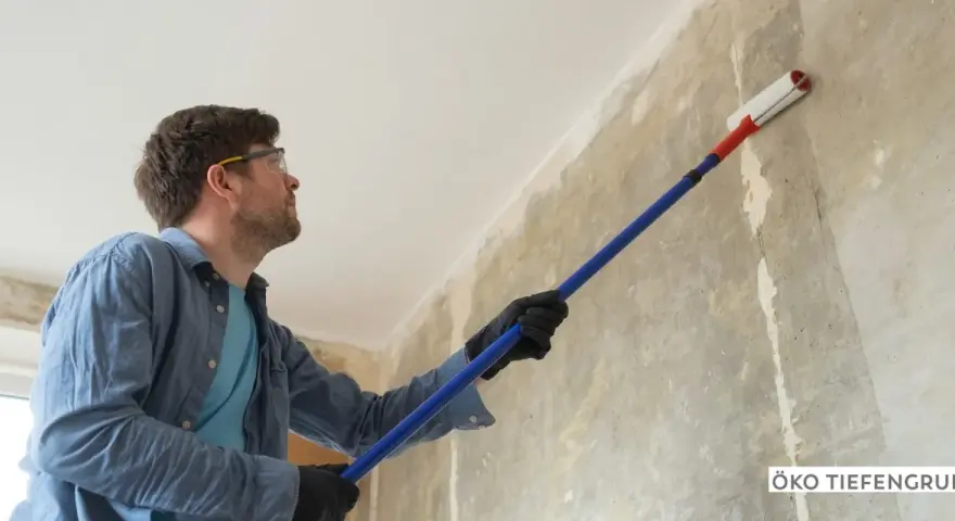 Mann mit Schutzbrille und Handschuhen trägt mit einer Teleskopstange eine Grundierung auf eine Wand auf.