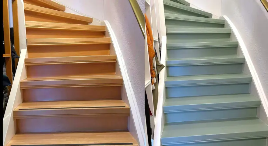 Vorher-Nachher-Vergleich einer Holztreppe: Links naturbelassen, rechts in einem sanften Grünton gestrichen. Die Frage: handlauf streichen welche farbe?
