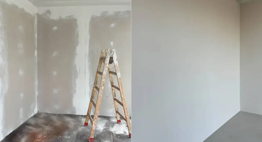 Vorher-Nachher-Vergleich: Rigips streichen. Links unfertige Wand mit Leiter, rechts frisch gestrichene, glatte Wand.