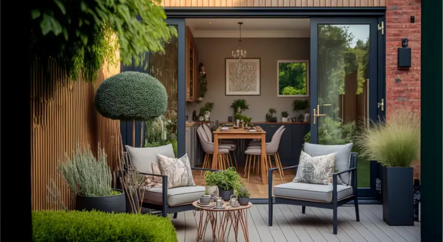 Moderne terrassen ideen: Gemütliche Sitzgelegenheiten auf einer Holzterrasse mit Blick auf einen Essbereich im Haus.