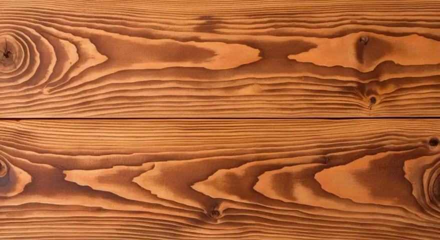 Holzmaserung einer Holzterrasse, bereit zum Streichen. Die warmen Brauntöne und die ausgeprägten Jahresringe erzählen von der Natur.