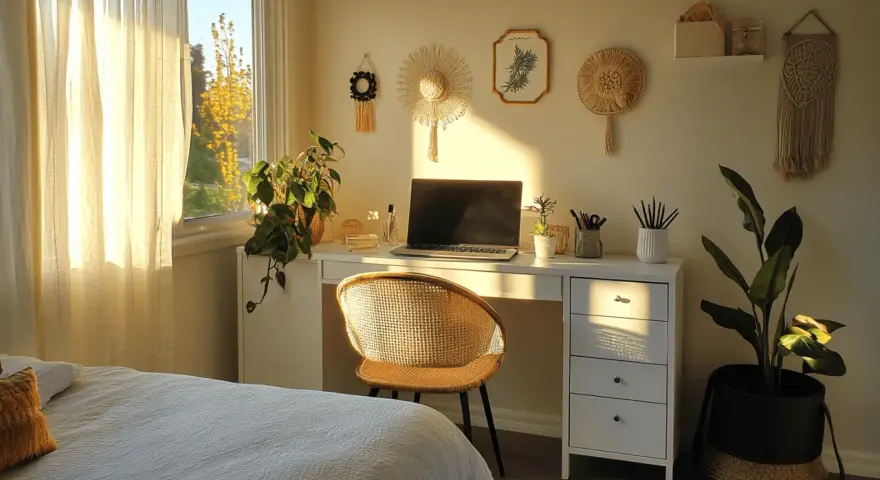 Ein gemütlicher Schreibtisch im Schlafzimmer, beleuchtet von warmem Sonnenlicht. Pflanzen und Boho-Deko schaffen eine entspannte Atmosphäre.