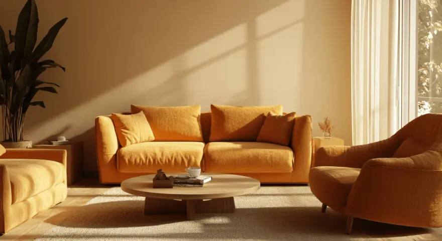 Gemütliches Wohnzimmer mit ockerfarbenen Möbeln. Sonnenlicht fällt durch das Fenster und wirft Schatten.