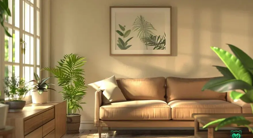 Sonnendurchflutetes Wohnzimmer mit beigem Sofa, Holzmöbeln und vielen grünen Pflanzen. Die Wirkung von Farben wie Beige und Grün schafft eine beruhigende Atmosphäre.