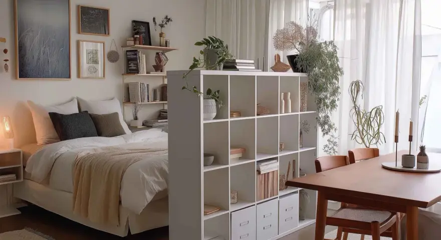 Gemütliche 1 Zimmer Wohnung einrichten 30qm: Bett, Regalwand, Esstisch und Pflanzen schaffen ein harmonisches Zuhause.