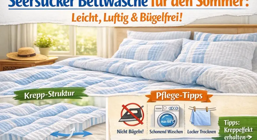 Leichtes Seersucker-Bettzeug mit Krepp-Struktur für den Sommer. Bügelfrei, luftig und angenehm. Pflege-Tipps: Schonend waschen, locker trocknen.