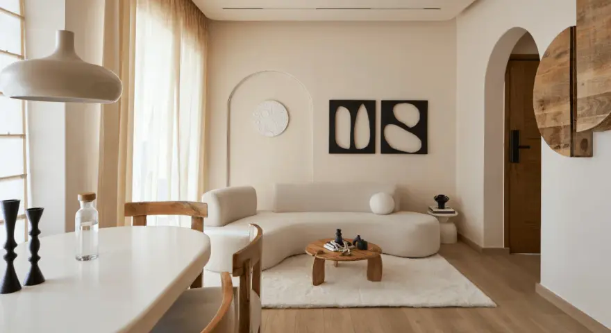 Ein gemütliches wabi sabi interior mit geschwungener Couch, Holztisch und warmen Erdtönen.