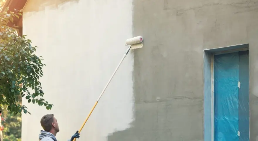 Mann streicht mit einer Teleskoprolle die Hausfassade weiß. Die rechte Seite ist noch grau, die linke bereits frisch gestrichen.