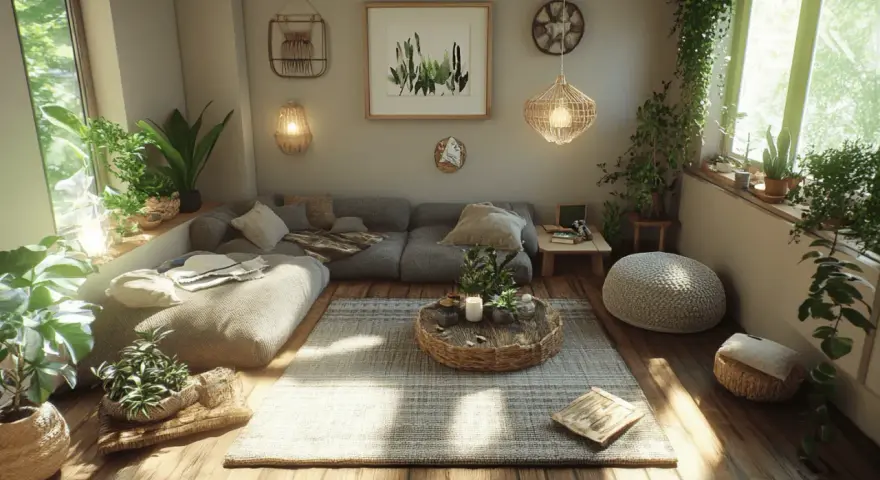 Gemütliches Wohnzimmer mit vielen Pflanzen und Möbeln aus nachhaltigen Materialien, wie Rattan und Leinen.
