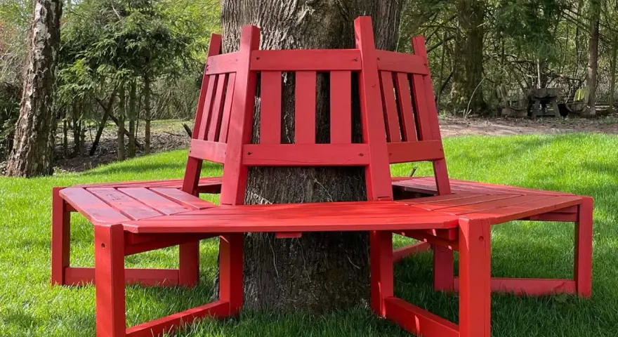 Frisch gestrichene rote Gartenbank um einen Baum im Grünen.