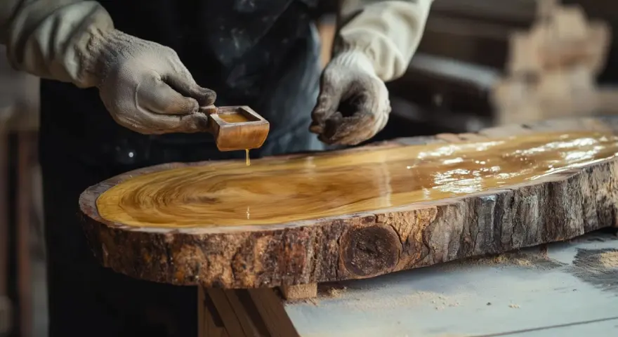 Hände mit Handschuhen tragen goldenes Öl auf einen rustikalen Baumscheiben-Tisch auf, um das Holz zu lasieren und seine natürliche Schönheit hervorzuheben.