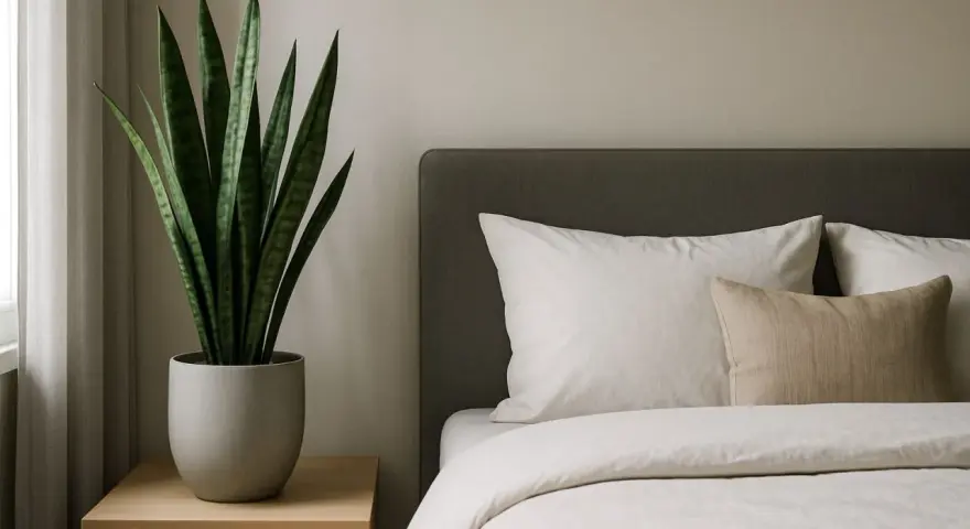 Ein Bogenhanf auf einem Nachttisch neben einem Bett mit weißen Kissen und Bettwäsche. Ein ruhiger Bogenhanf-Schlafzimmer-Akzent.