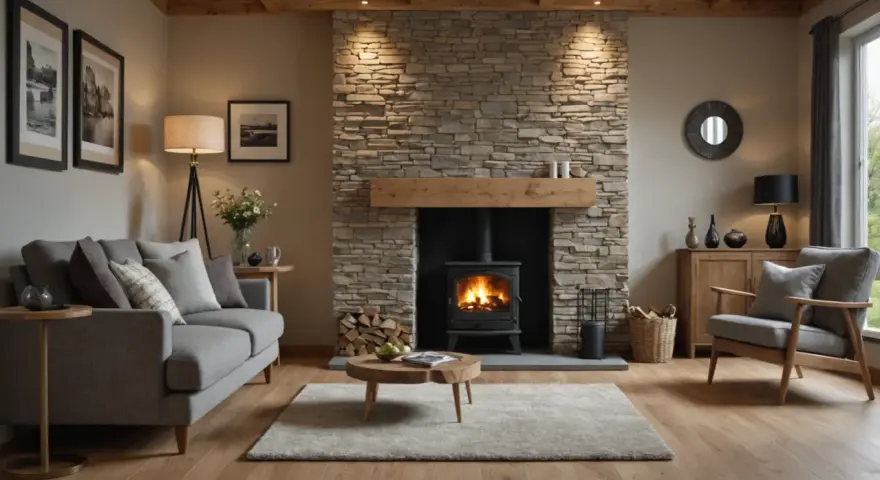 Gemütliches Wohnzimmer mit brennendem Kaminofen und feuerfester Wandverkleidung aus Naturstein. Ein Sofa und ein Sessel laden zum Entspannen ein.