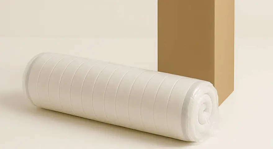 Gerollt und verpackt: So werden Matratzen geliefert. Eine aufgerollte Matratze liegt neben einem Karton.