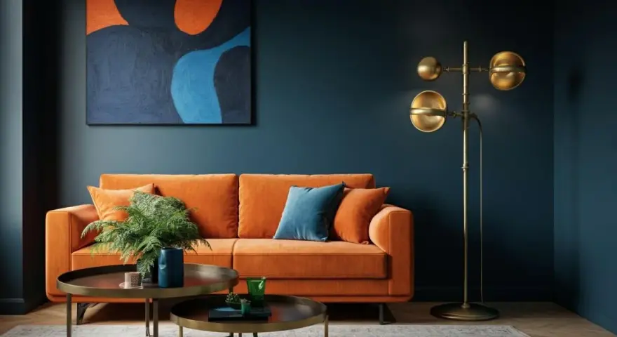 Ein orangefarbenes Sofa mit blauen Akzenten und einem abstrakten Gemälde zeigt, welche Farben passen zusammen.