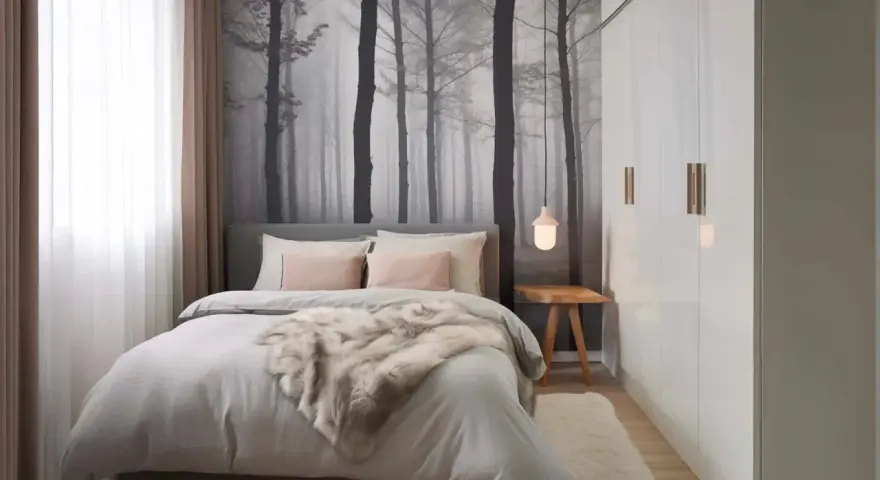 Gemütliches kleine schlafzimmer einrichten mit Waldtapete, Bett mit Fell und Kleiderschrank.