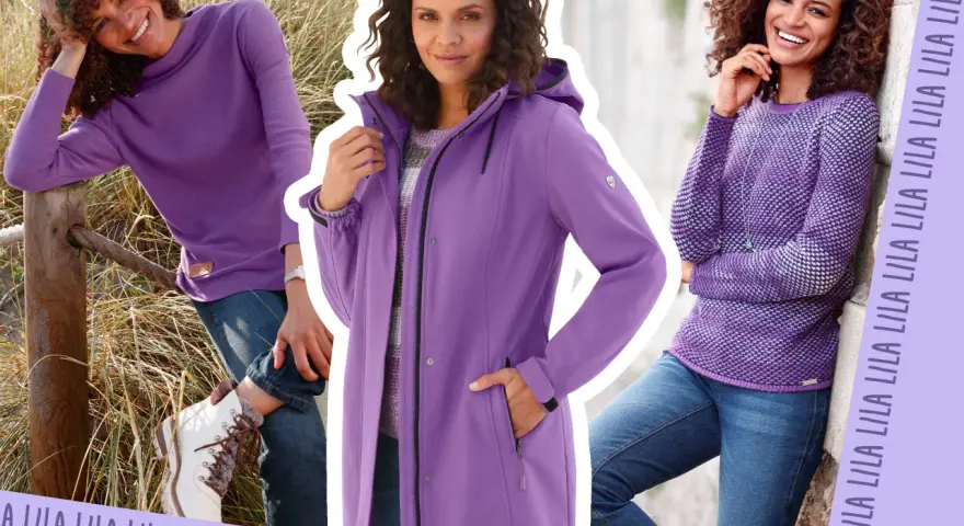 Drei Frauen in verschiedenen lila Outfits. Jeans und weiße Stiefel passen gut zu lila.
