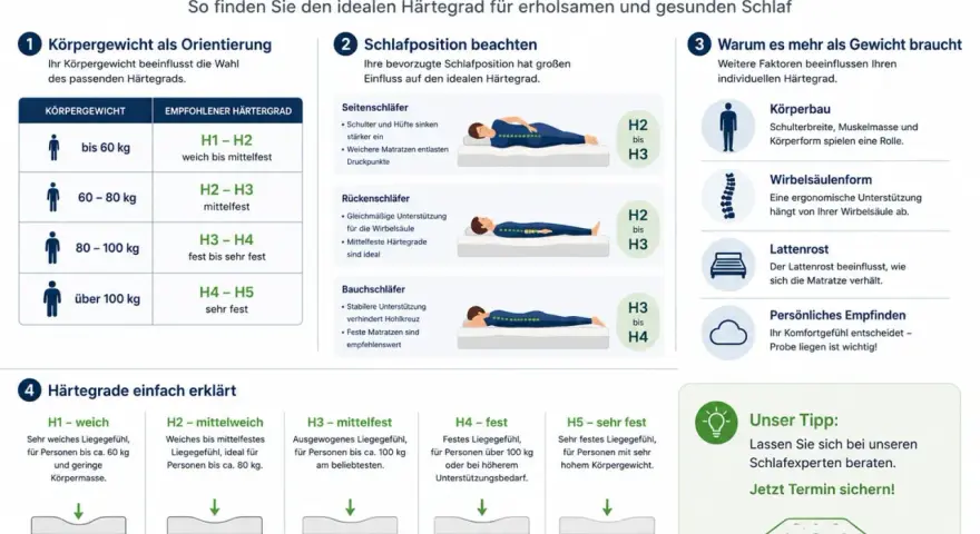 Infografik erklärt, wie Sie den richtigen Härtegrad Ihrer Matratze testen. Gewicht & Schlafposition sind wichtig.