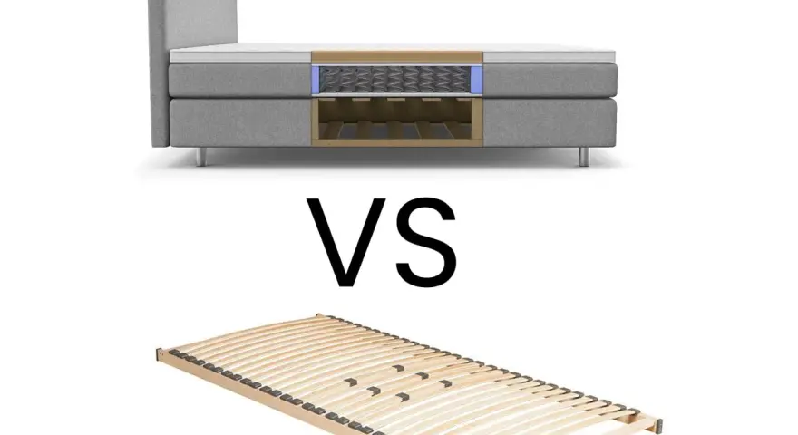 Vergleich: Ein durchgeschnittener Boxspringbett mit Federkern und ein Lattenrost aus Holz.