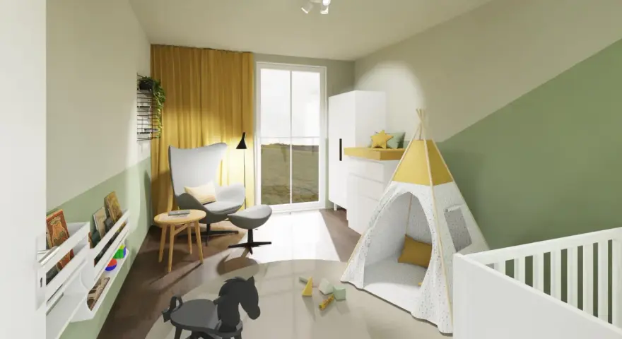 Ein gemütliches Kinderzimmer mit Spielzelt, Schaukelpferd und Bücherregalen. Die Wände sind zweifarbig gestrichen, was tolle kinderzimmer streichen motive ergibt.