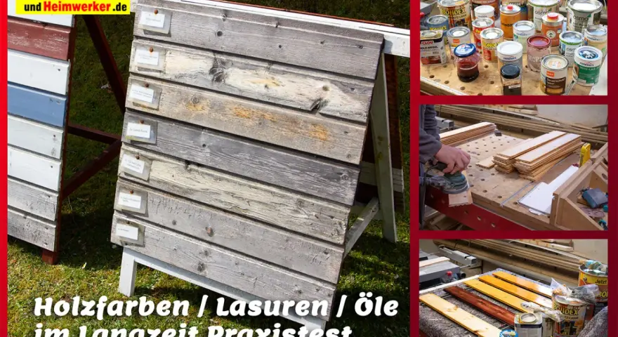 Holzfarben, Lasuren und Öle im Praxistest. Verschiedene Holzproben zeigen die Wirkung von Lasur oder Farbe.