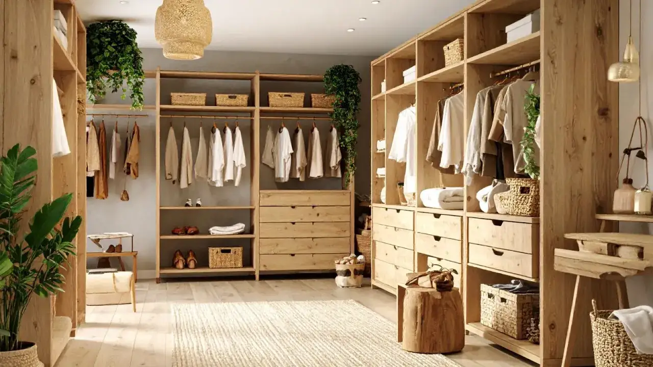 Holzschrank neu gestalten: Ideen für ein natürliches Ambiente mit Kleiderstangen, Körben und Pflanzen.