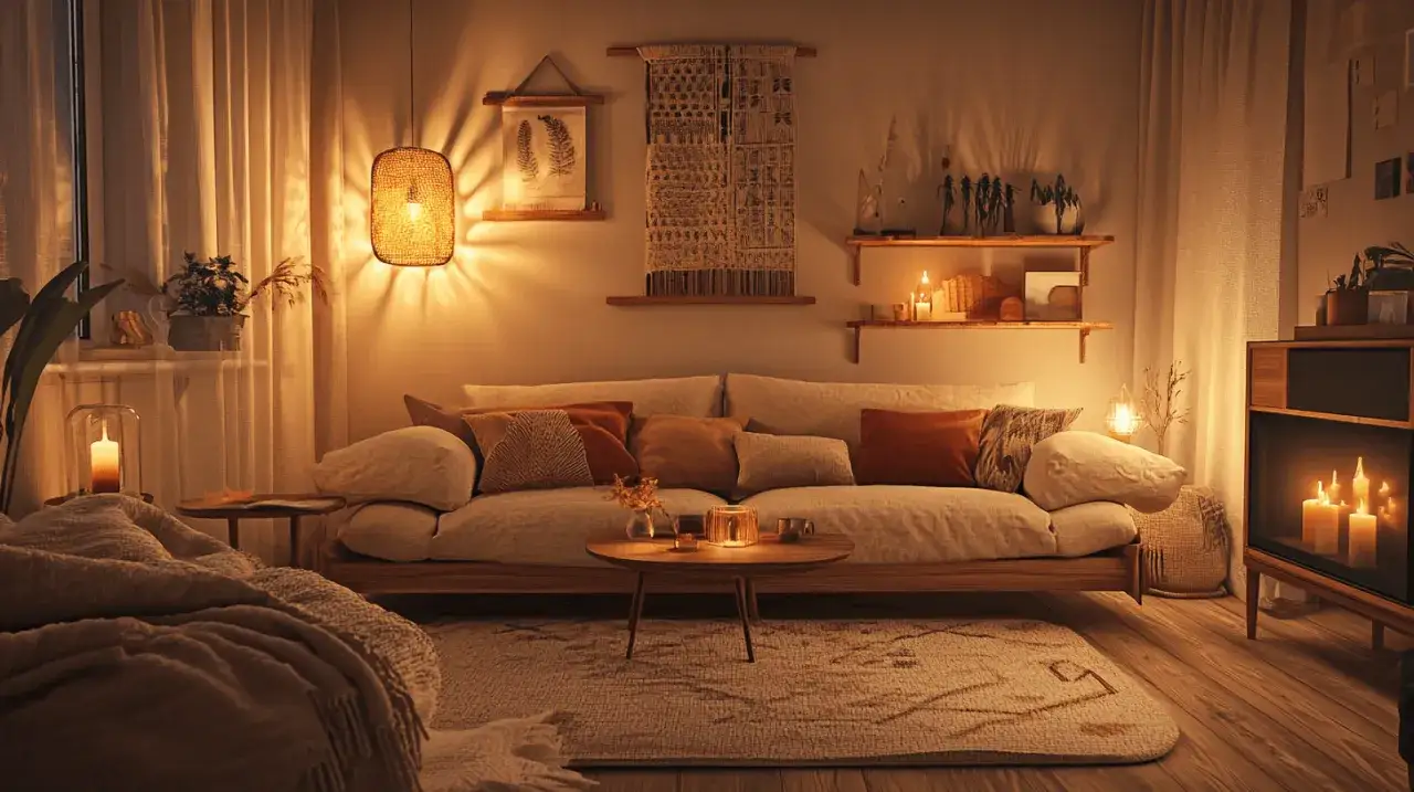 Gem&uuml;tliches Wohnzimmer mit Sofa, Kissen und Kerzenlicht. Tolle inneneinrichtung ideen f&uuml;r eine warme Atmosph&auml;re.