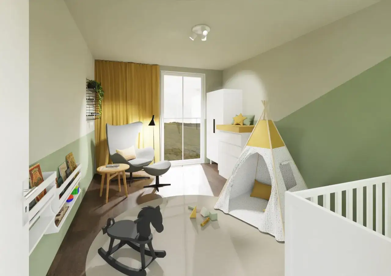Ein gem&uuml;tliches Kinderzimmer mit einem Spielzelt, Schaukelpferd und B&uuml;cherregalen. Die W&auml;nde sind zweifarbig gestrichen, was tolle Kinderzimmer streichen Motive f&uuml;r die Wandgestaltung bietet.