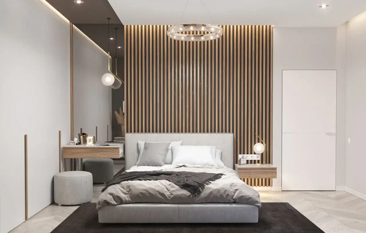 Moderne Schlafzimmergestaltung mit Akzentwand aus vertikalen Holzlamellen. Tolle wandpaneele holz ideen für ein warmes Ambiente.