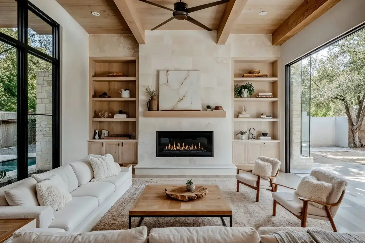 Gemütliches Wohnzimmer mit Kamin, weißen Sofas und Sesseln. Die Farbkombination beige dominiert, ergänzt durch Holz und helle Textilien.