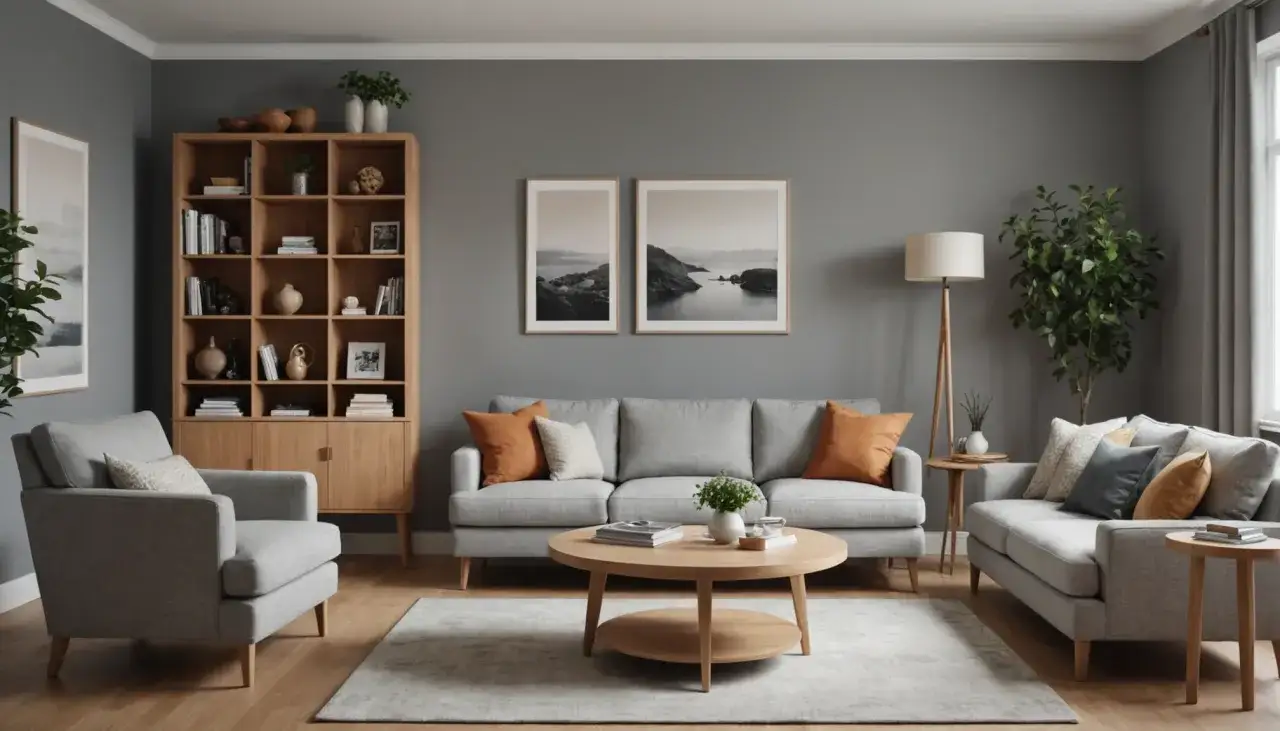 Graue Wandfarbe harmoniert perfekt mit dem warmen Buchenholz-Regal und den gemütlichen Sofas.
