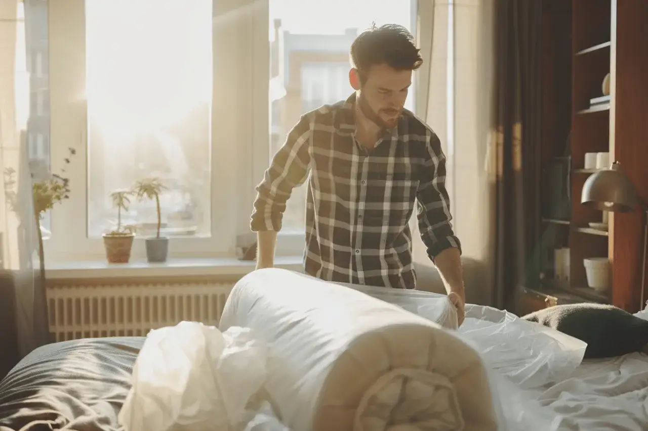 Mann entpackt neue Matratze. Frage: wie lange matratze liegen lassen, bevor sie genutzt wird?