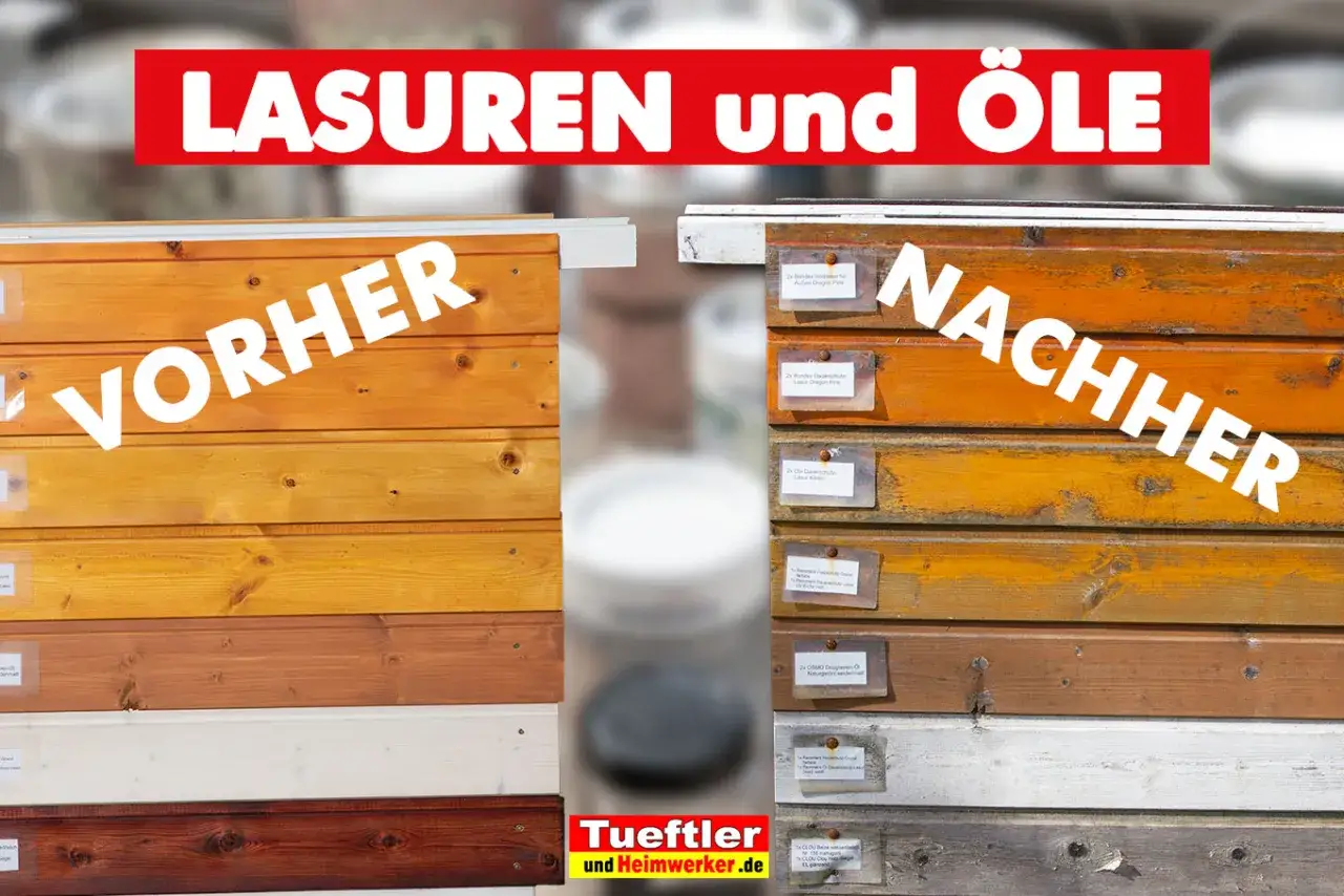 Holzlasur vorher und nachher: Vergleich von unbehandeltem Holz mit verschiedenen Lasurfarben und &Ouml;len, die dem Holz Schutz und neue Optik verleihen.