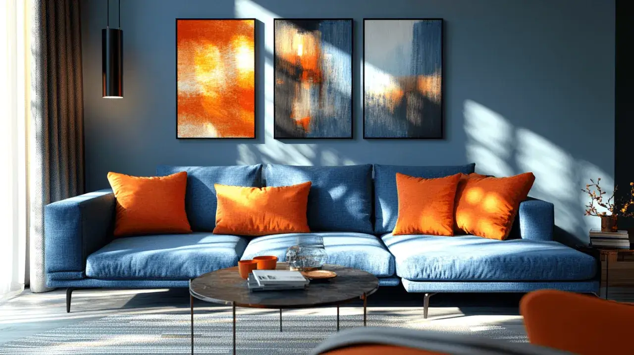 Blauer Sofa mit orangen Kissen. Die Kunstwerke an der Wand zeigen, welche Farbe passt zu Orange: Blau und Grau.