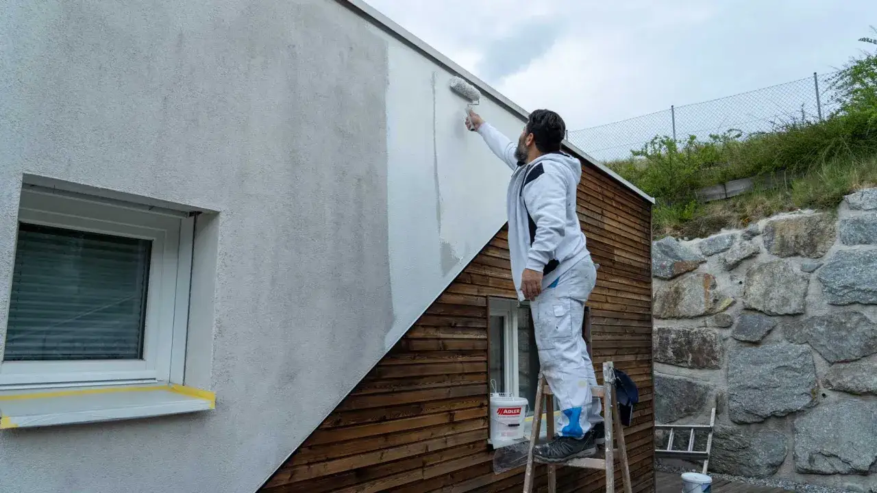 Mann streicht mit einer Rolle die Hausfassade neu. Ein Eimer Farbe steht auf der Leiter.