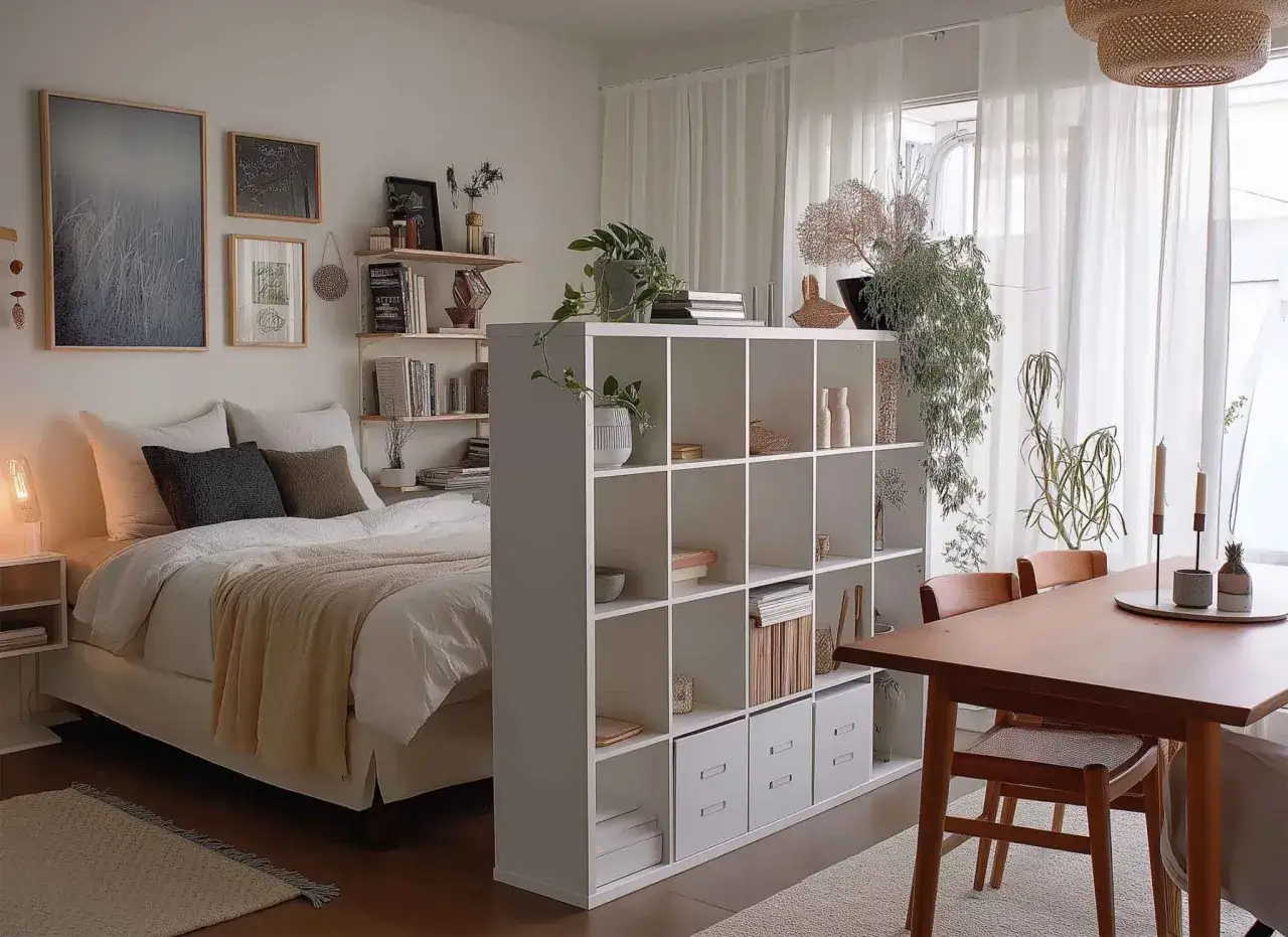 Gemütliche 1 Zimmer Wohnung einrichten 30qm: Bett, Regal als Raumteiler, Esstisch mit Stühlen, Pflanzen und Bilder an der Wand.