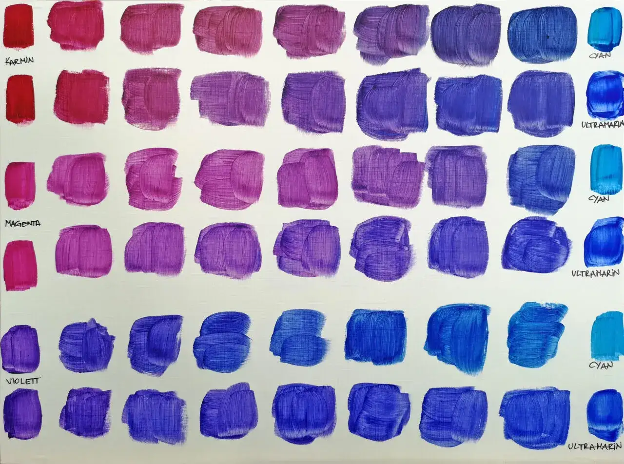 Farbverl&auml;ufe von Karmin, Magenta und Violett zu Cyan und Ultramarin. Acrylfarben, die das Mischen von Petrol zeigen.