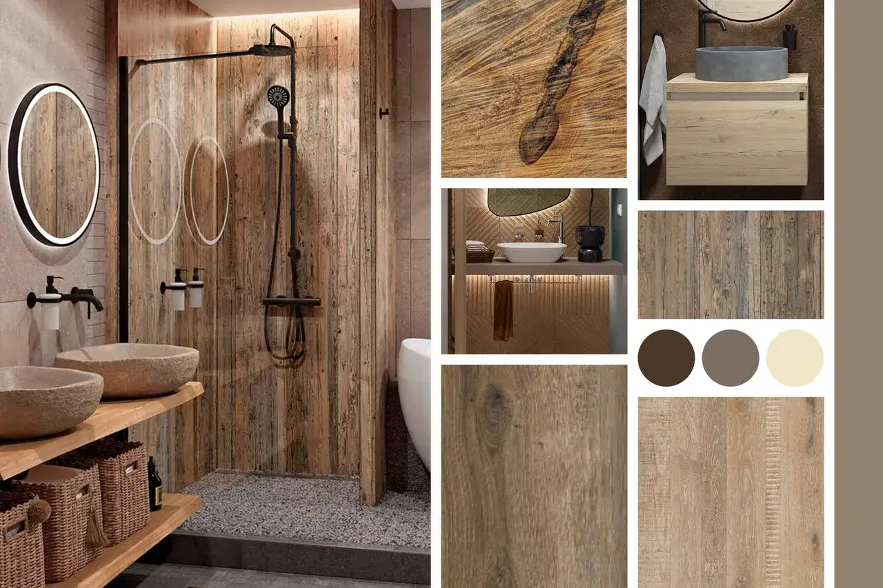 Inspiration für ein kleines Badezimmer dekorieren: Holzelemente, Steinwaschbecken und erdige Farben schaffen eine natürliche Wohlfühloase.