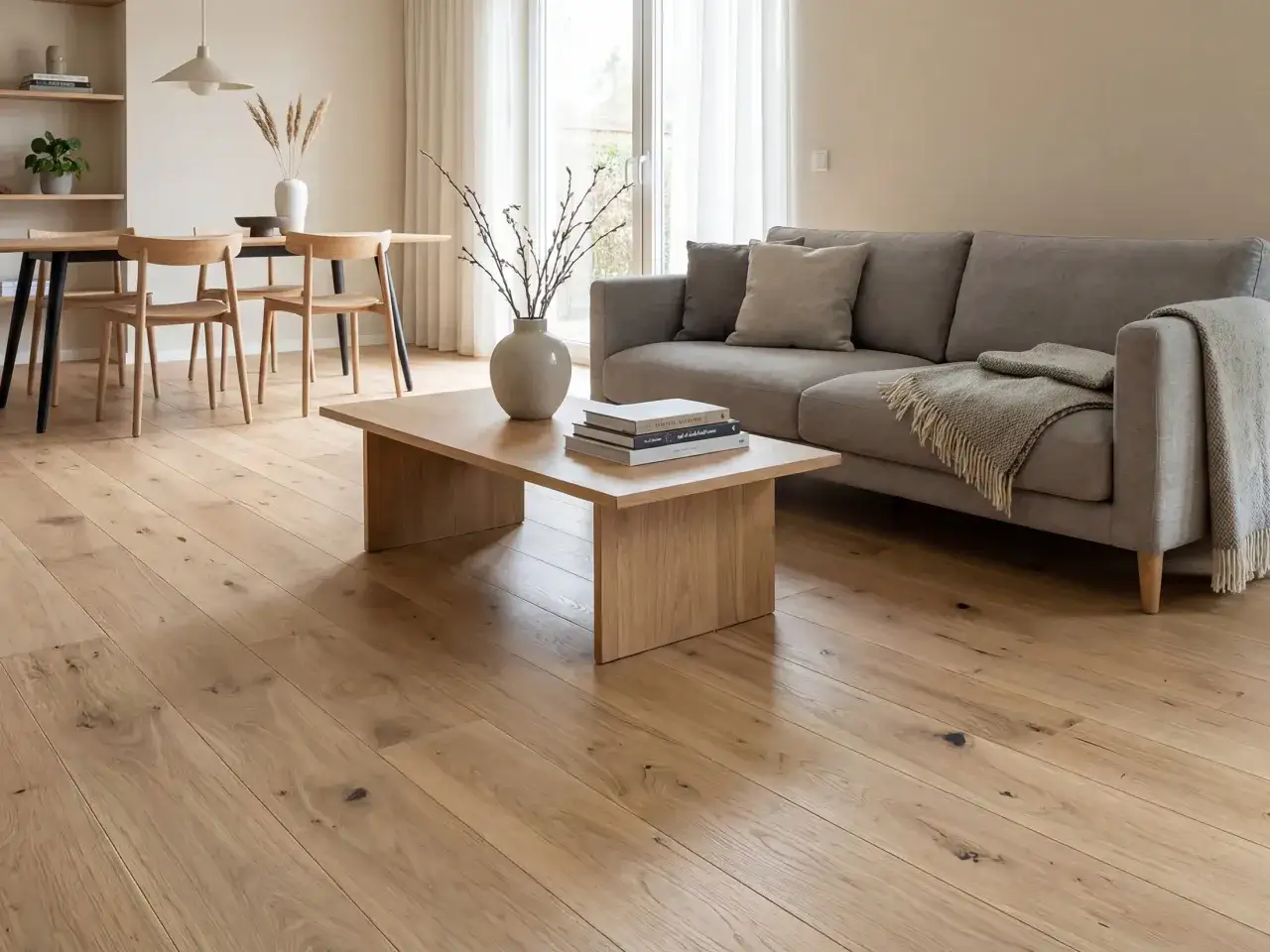 Ein Wohnzimmer mit einem Sofa, Couchtisch und Essbereich. Der Boden ist aus hellem, natürlichem Vollholz, das Wärme und Gemütlichkeit ausstrahlt.