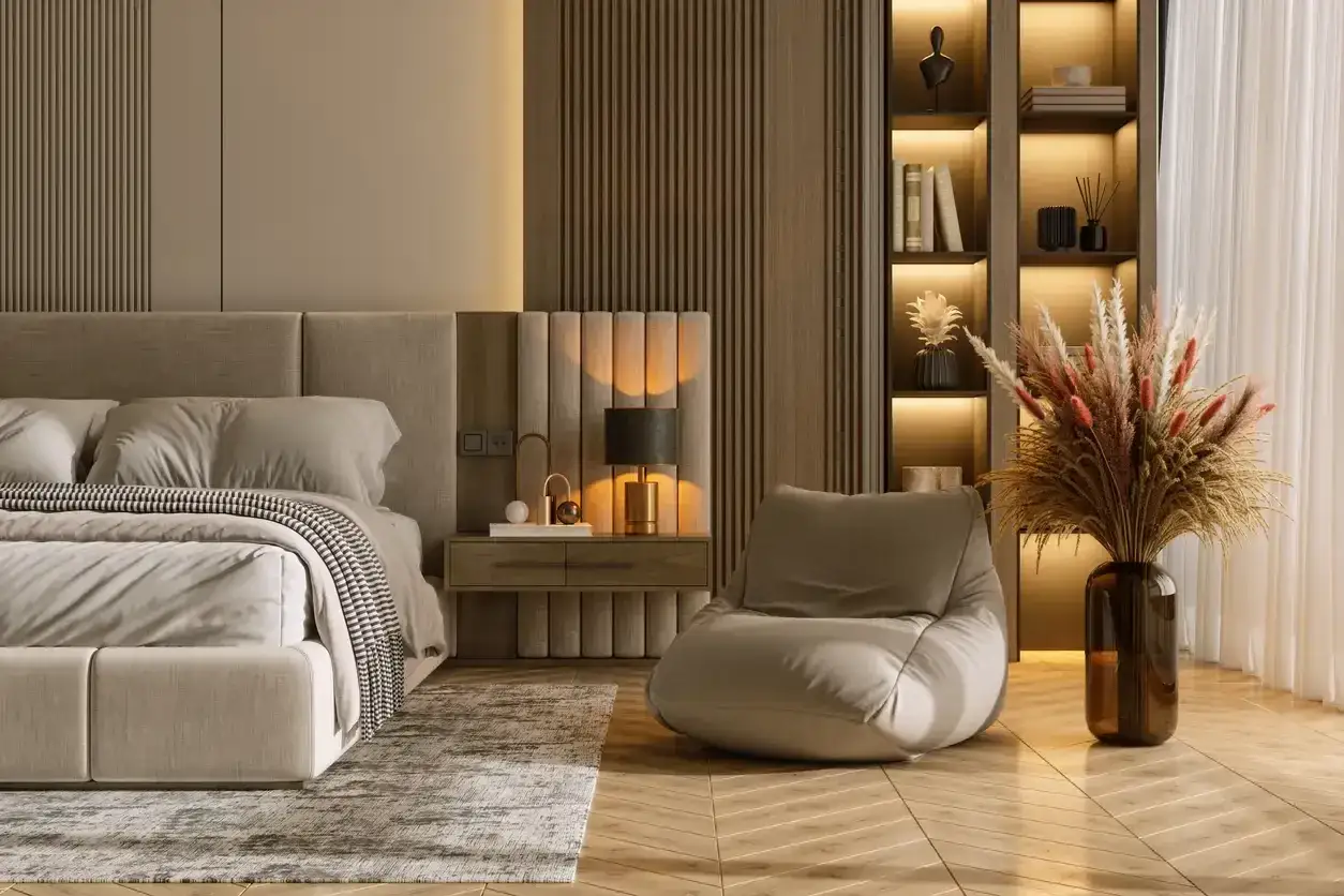 Gem&uuml;tliches Schlafzimmer mit gro&szlig;em Bett, Nachttischlampe, Sitzsack und B&uuml;cherregal. Tolle zimmer inspo f&uuml;r eine entspannte Atmosph&auml;re.