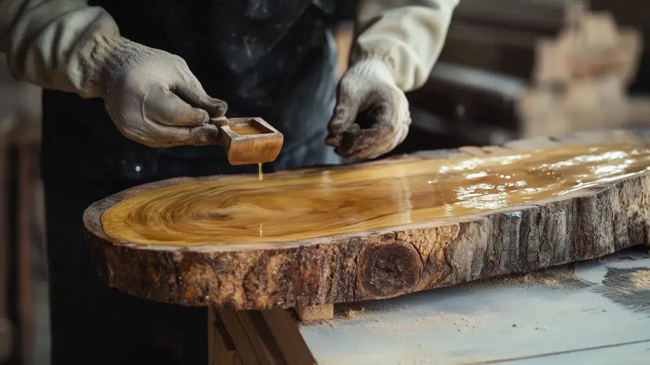 H&auml;nde mit Handschuhen tragen eine goldene Fl&uuml;ssigkeit auf einen rustikalen Baumscheiben-Holztisch auf, um ihn zu lasieren und zu sch&uuml;tzen.