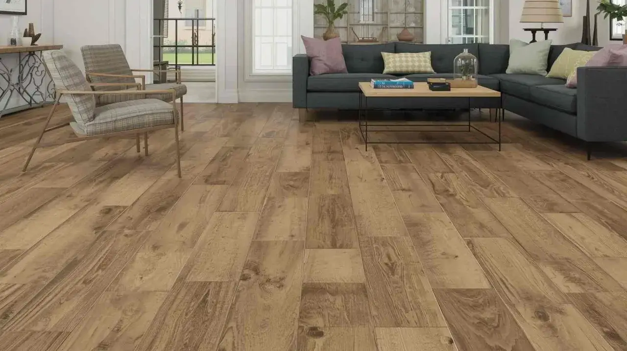 Boden mit schöner Holzmaserung, die an rustikales Holz erinnert. Zwei Sessel und ein Sofa stehen auf dem Boden.