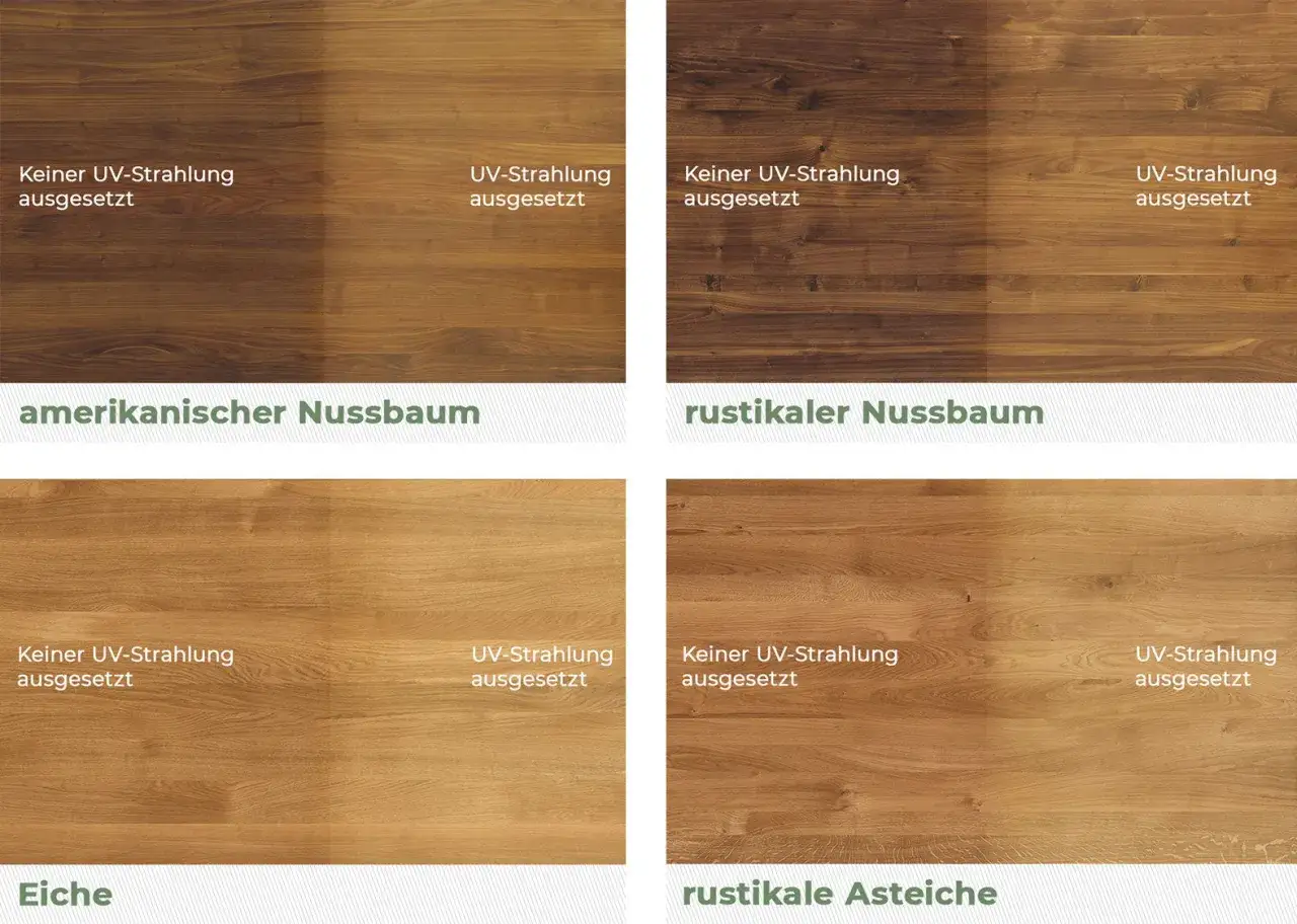 Vergleich von Holzarten: Amerikanischer Nussbaum, rustikaler Nussbaum, Eiche und rustikale Asteiche. Zeigt, wie UV-Strahlung dunkles Holz aufhellen kann.