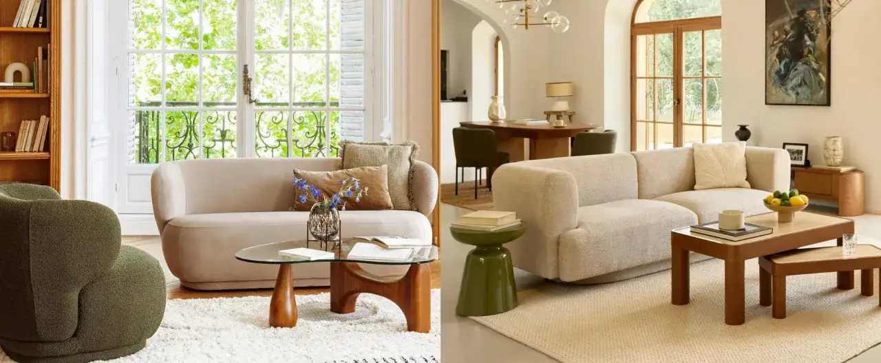 Zwei Wohnzimmer mit beigen Sofas. Ein Sessel in Khaki-Farbe steht links. Rechts ein kleiner Beistelltisch in Khaki.