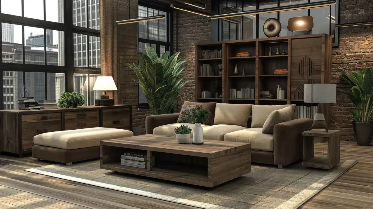 Gem&uuml;tliches Wohnzimmer mit M&ouml;beln aus dunklem Holz, einem Sofa, einem Couchtisch und einem B&uuml;cherregal.