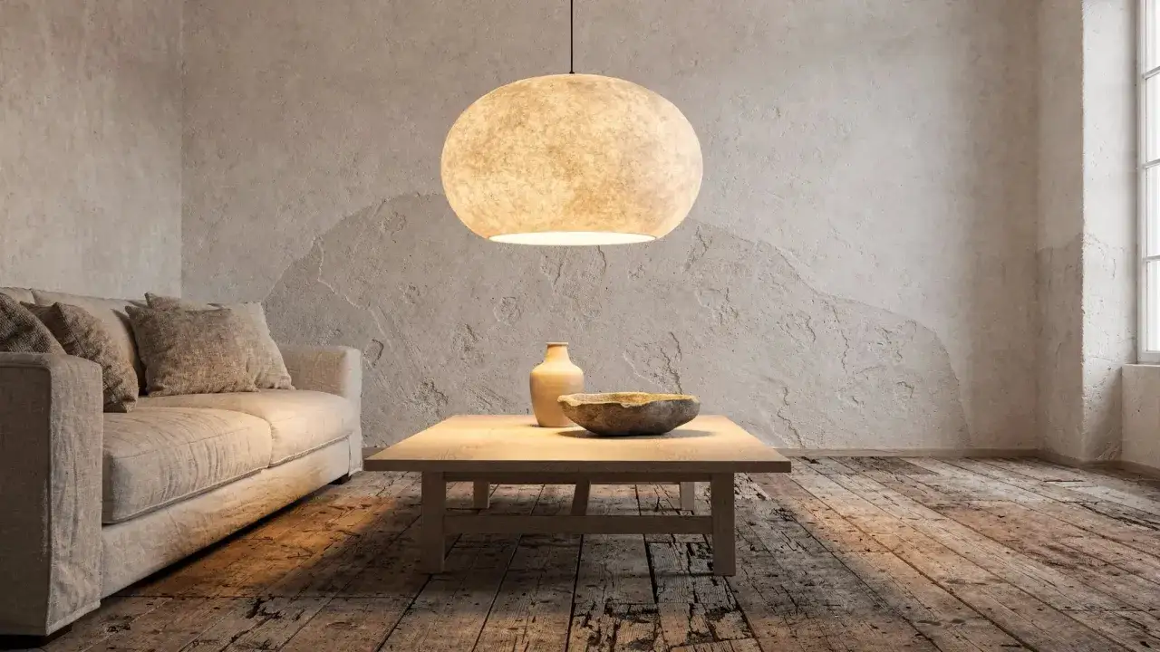 Gem&uuml;tliches wabi sabi interior mit beigem Sofa, Holztisch, Vase und Steinschale unter einer runden Lampe.