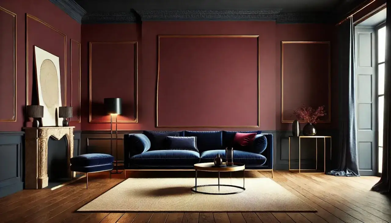 Elegantes Wohnzimmer mit tiefblauer Samtcouch vor einer Wand in farbe bordeaux. Goldene Rahmen und ein Marmorkamin schaffen luxuriöse Akzente.