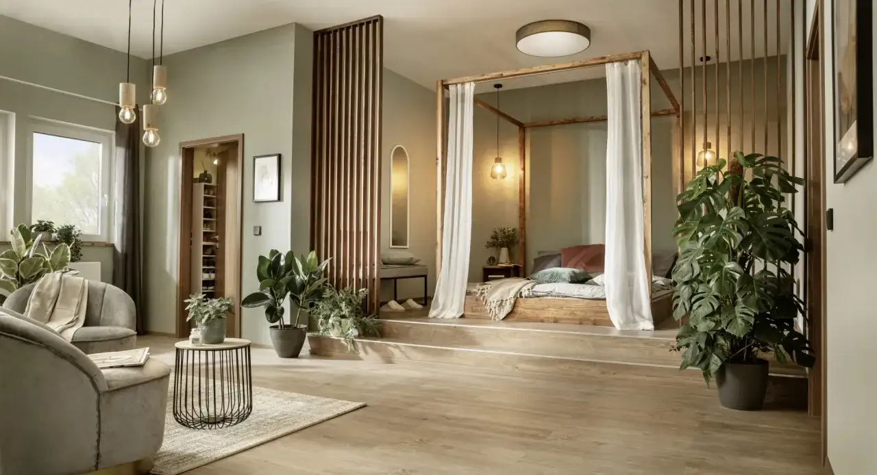 Ein Schlafzimmer in Salbeigr&uuml;n mit einem Himmelbett, Holzakzenten und vielen Pflanzen. Welche Farbe passt zu Salbei? Hier sehen wir Erdt&ouml;ne, Beige und Grau.